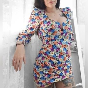 V-Neck Multicolored Floral Printed Mini Dress XS
